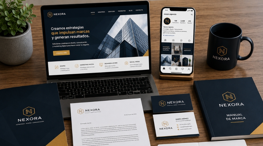 Identidad corporativa y branding profesional aplicado en medios digitales e impresos